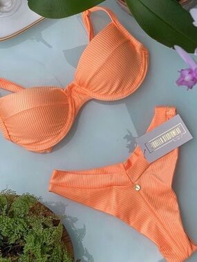 Peach Coral Ribbed Brazilian Bikini Set | Underwire Swimwear